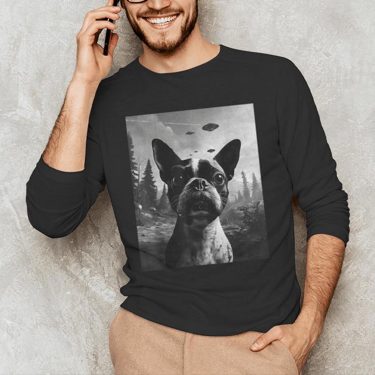 Dog Mom Dad Alien Selfie Boston Terrier UFO For Men Women Men's Long Sleeve T-Shirt, novelty gifts, funny gifts