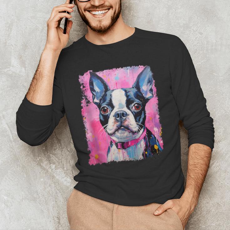 Dog Pink Boston Terrier Men's Long Sleeve T-Shirt, novelty gifts, funny gifts