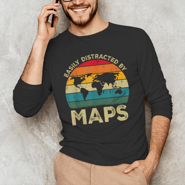Easily Distracted By Maps Geography Teacher Men's Long Sleeve T-Shirt, novelty gifts, funny gifts