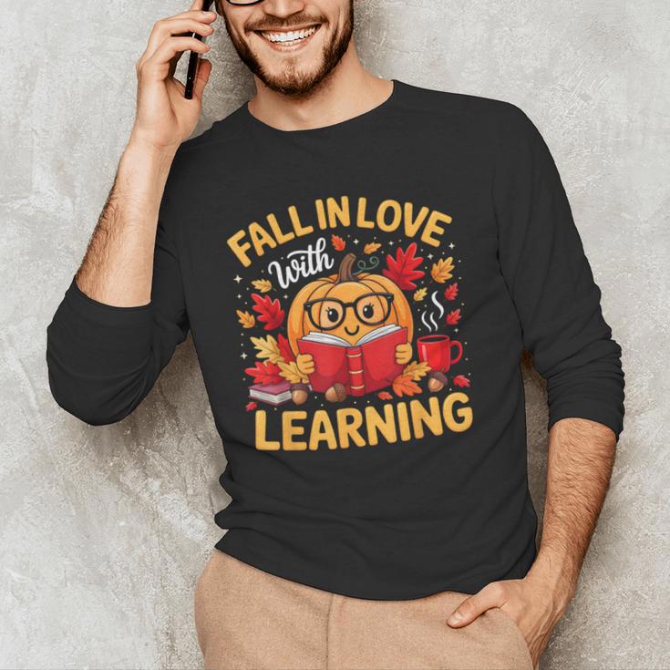 Fall In Love With Learning Pumpkin Thanksgiving Teacher Fall Men's Long Sleeve T-Shirt, novelty gifts, funny gifts
