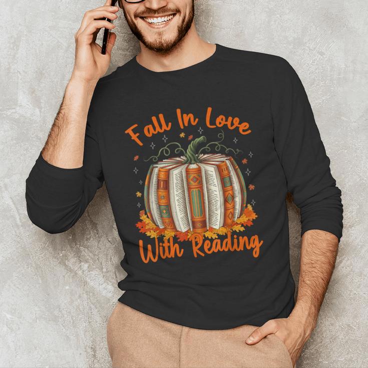 Fall In Love With Reading Pumpkin Autumn Librarians Teacher Men's Long Sleeve T-Shirt, novelty gifts, funny gifts