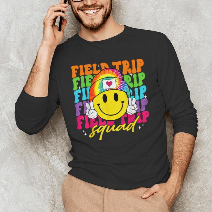 Field Trip Squad Groovy Field Day Smile Face Teacher Tie Dye Men's Long Sleeve T-Shirt, novelty gifts, funny gifts