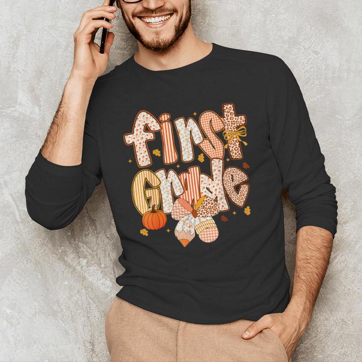 First Grade Fall Floral Coquette Bow Teachers Students Men's Long Sleeve T-Shirt, novelty gifts, funny gifts