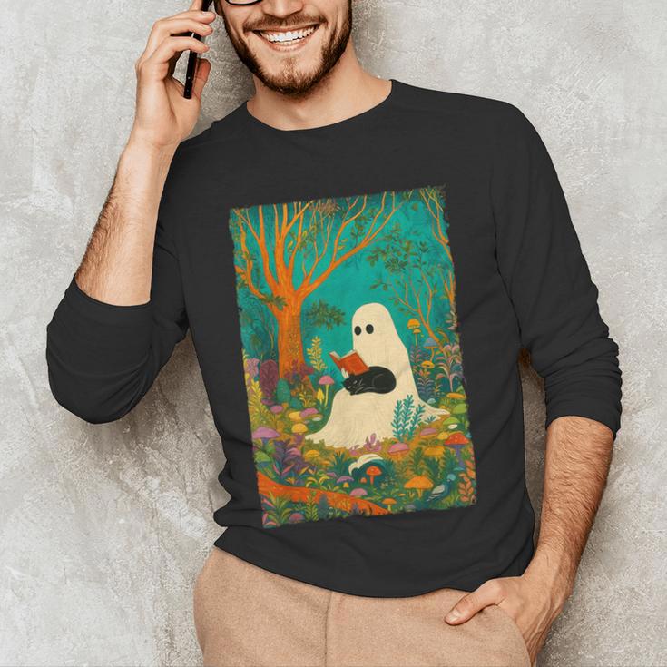 Groovy Ghost Reading Book Cat Halloween Ghost Teacher Men's Long Sleeve T-Shirt, novelty gifts, funny gifts