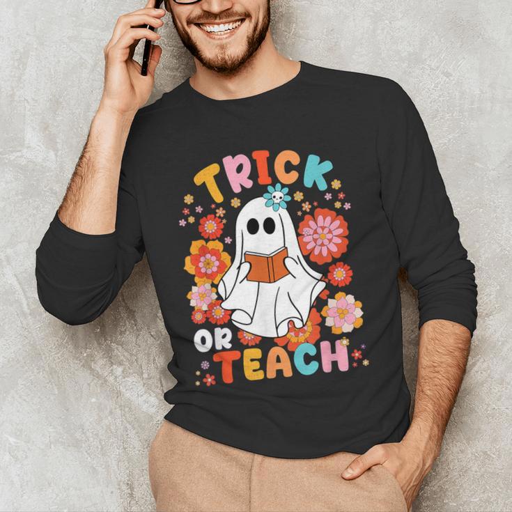 Groovy Halloween Trick Or Teach Retro Floral Ghost Teacher For Men Women Kids Men's Long Sleeve T-Shirt, novelty gifts, funny gifts Groovy Halloween Trick Or Teach Retro Floral Ghost Teacher For Men Women Kids Men's Long Sleeve T-Shirt, novelty gifts, funny gifts