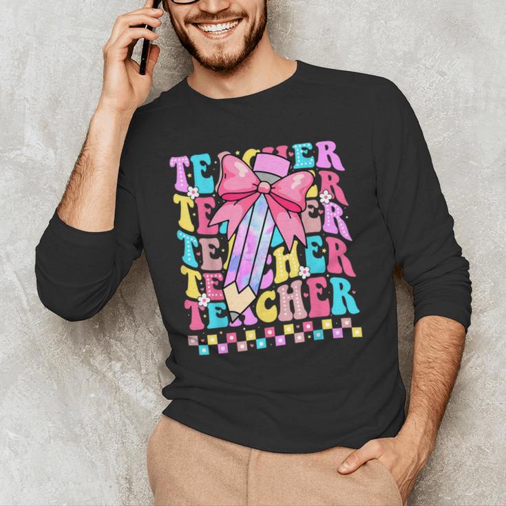 Groovy Teacher Cute Coquette Bow Flower Retro Back To School Men's Long Sleeve T-Shirt, novelty gifts, funny gifts Groovy Teacher Cute Coquette Bow Flower Retro Back To School Men's Long Sleeve T-Shirt, novelty gifts, funny gifts
