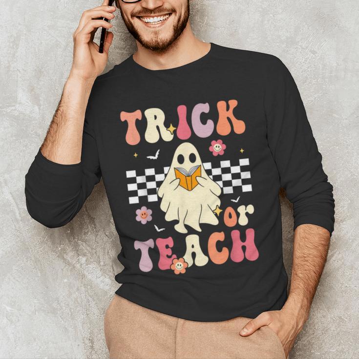Groovy Teacher Halloween Retro Trick Or Teach Floral Ghost Men's Long Sleeve T-Shirt, novelty gifts, funny gifts