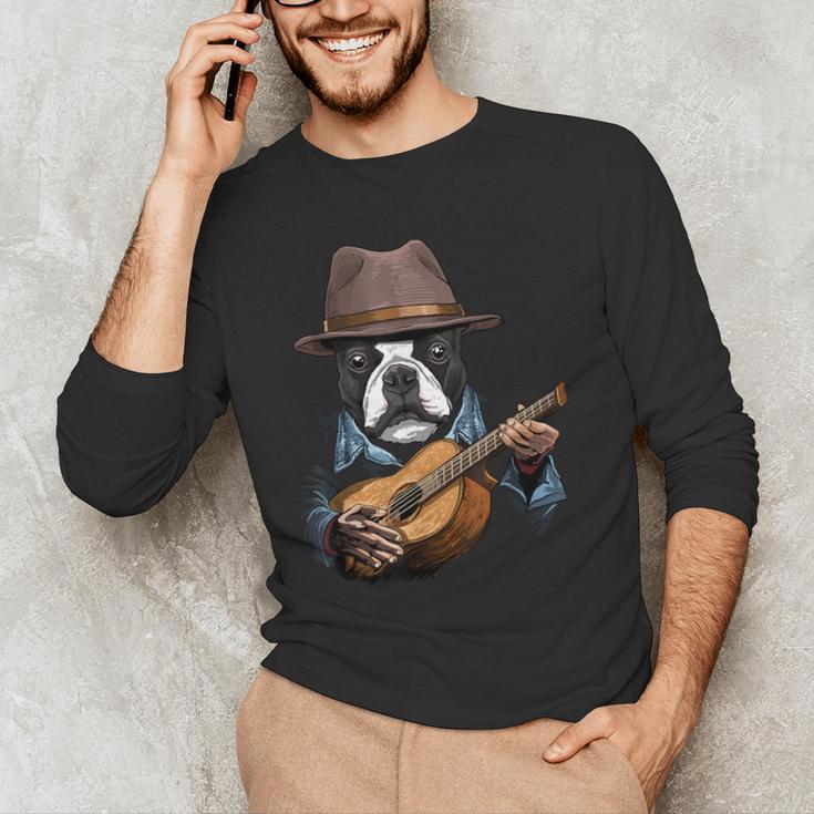 Guitar Shirt Boston Terrier Dog Playing Acoustic Guitar Men's Long Sleeve T-Shirt, novelty gifts, funny gifts