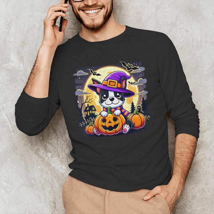 Halloween Boston Terrier Dog Breed With Jack O' Lantern Art Men's Long Sleeve T-Shirt, novelty gifts, funny gifts