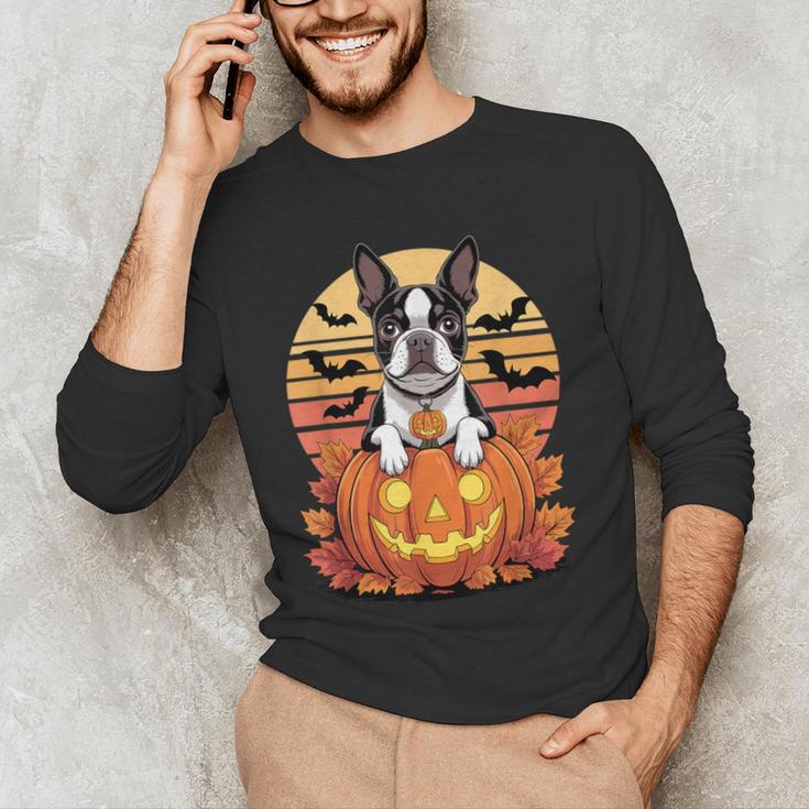 Halloween Retro Boston Terrier Men's Long Sleeve T-Shirt, novelty gifts, funny gifts