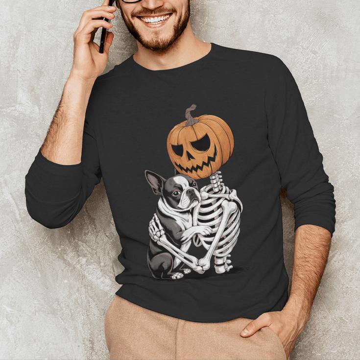 Halloween Skeleton Boston Terrier Men's Long Sleeve T-Shirt, novelty gifts, funny gifts