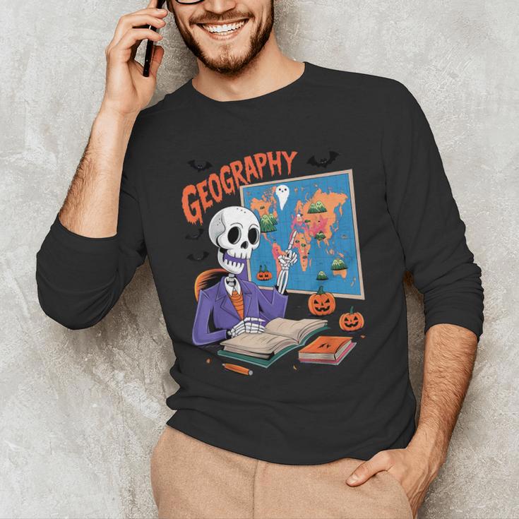 Halloween Skeleton Geography Teacher Pumpkin Bats Classroom Men's Long Sleeve T-Shirt, novelty gifts, funny gifts Halloween Skeleton Geography Teacher Pumpkin Bats Classroom Men's Long Sleeve T-Shirt, novelty gifts, funny gifts