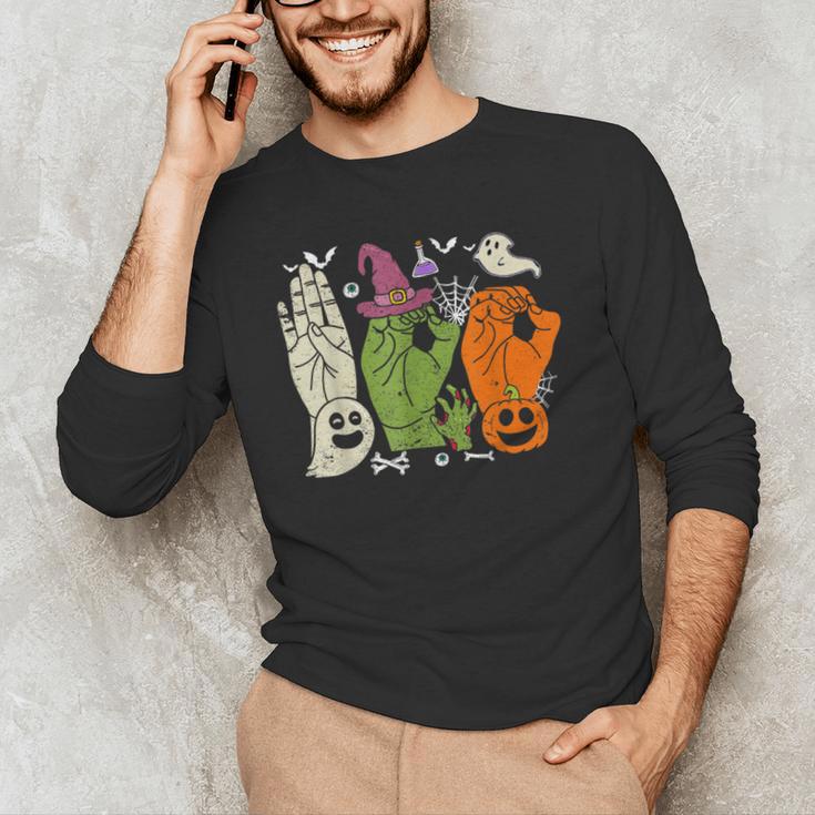 Halloween SPED Teacher Boo In ASL Boo Hands Sign Language Men's Long Sleeve T-Shirt, novelty gifts, funny gifts
