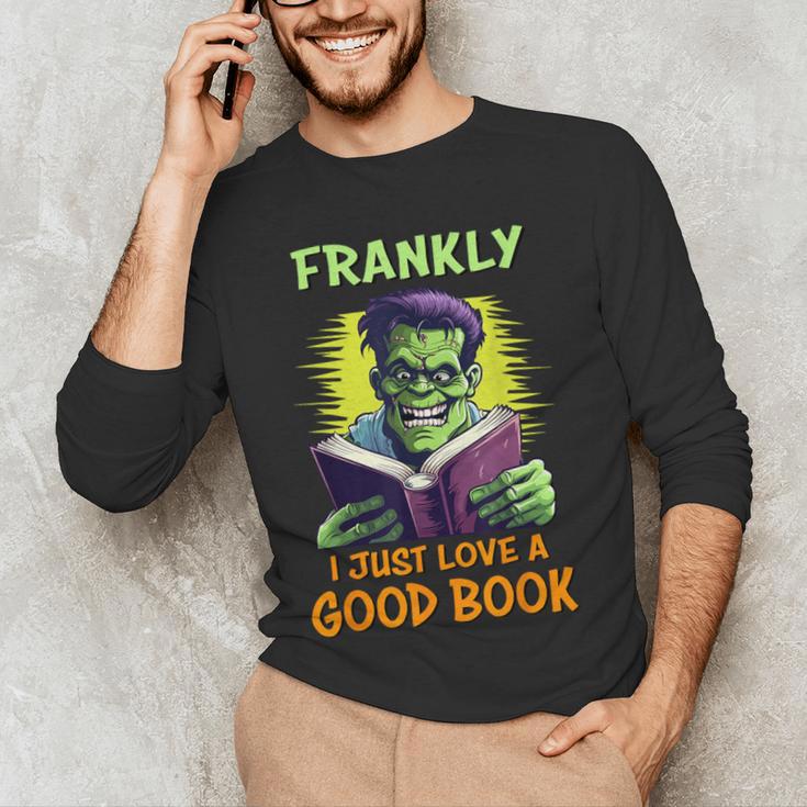Halloween Teacher Librarian Frankenstein Reading Books Men's Long Sleeve T-Shirt, novelty gifts, funny gifts