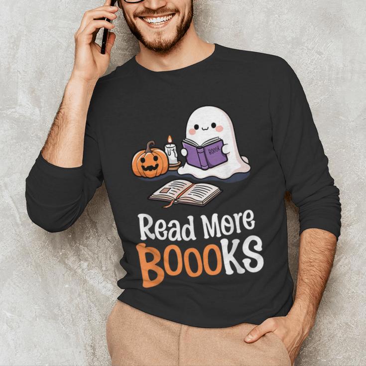 Halloween Teacher Women Cute Reading Ghost Read More Books Men's Long Sleeve T-Shirt, novelty gifts, funny gifts