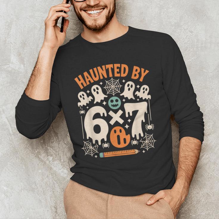 Haunted By 6x7 Math Teacher Halloween Pun Men's Long Sleeve T-Shirt, novelty gifts, funny gifts