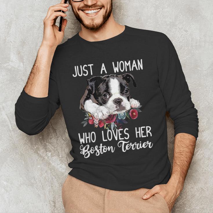 Just a Woman Who Loves Her Boston Terrier Cute Dog Mom Men's Long Sleeve T-Shirt, novelty gifts, funny gifts