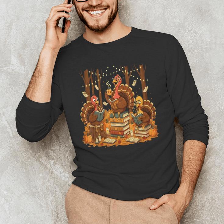 Librarian Turkey Reading Book Fall Thanksgiving Teacher Men's Long Sleeve T-Shirt, novelty gifts, funny gifts