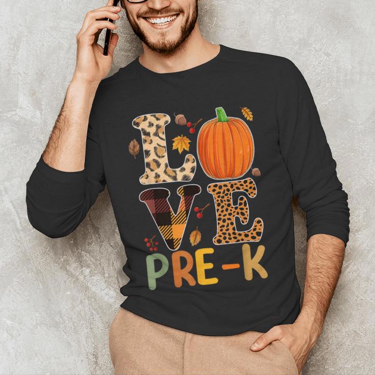 Love Pre-k Teacher Shirts Autumn Fall Pumpkin Fall Leopard Men's Long Sleeve T-Shirt, novelty gifts, funny gifts