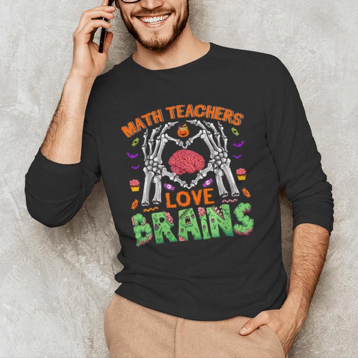 Math Teacher Love Brain Heart Skeleton Hand Zombie Halloween Men's Long Sleeve T-Shirt, novelty gifts, funny gifts