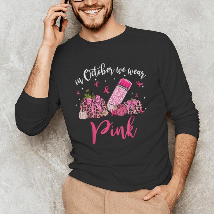 In October We Wear Pink Apple Teacher Daisy Breast Cancer Men's Long Sleeve T-Shirt, novelty gifts, funny gifts