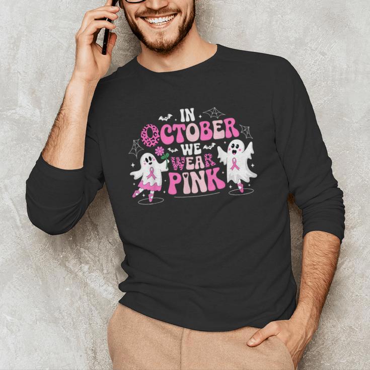 In October We Wear Pink Ballet Ghost Teacher Breast Cancer Men's Long Sleeve T-Shirt, novelty gifts, funny gifts