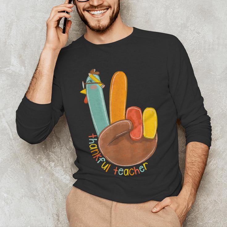 One Thankful Teacher Thanksgiving Turkey Peace Hand Sign Men's Long Sleeve T-Shirt, novelty gifts, funny gifts One Thankful Teacher Thanksgiving Turkey Peace Hand Sign Men's Long Sleeve T-Shirt, novelty gifts, funny gifts