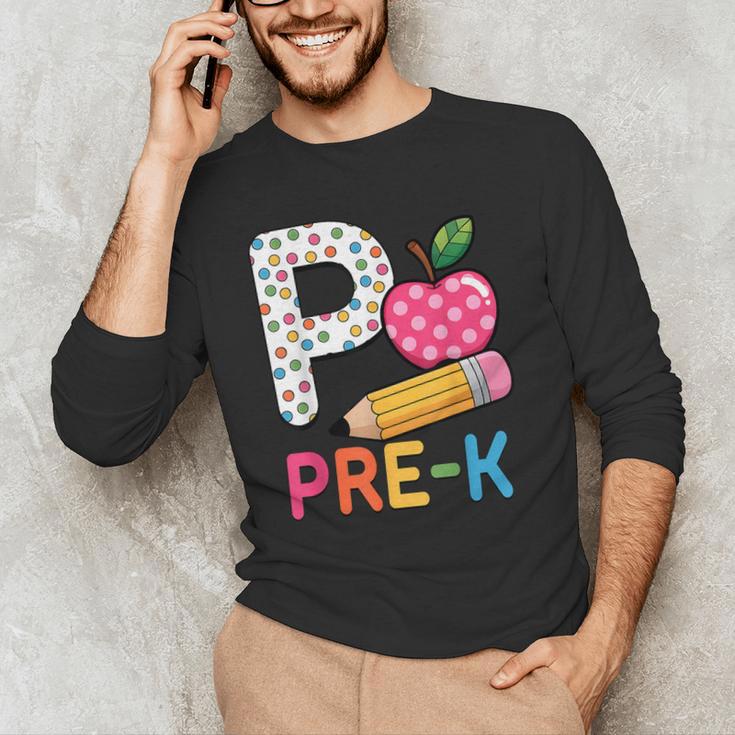 P Is For Pre K Teacher Student Pencil Apple Back To School Men's Long Sleeve T-Shirt, novelty gifts, funny gifts P Is For Pre K Teacher Student Pencil Apple Back To School Men's Long Sleeve T-Shirt, novelty gifts, funny gifts