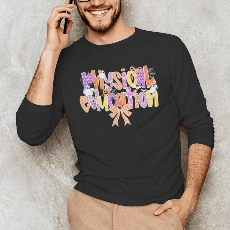 Physical Education Halloween Bow Checkered Teacher Ghost PE Men's Long Sleeve T-Shirt, novelty gifts, funny gifts