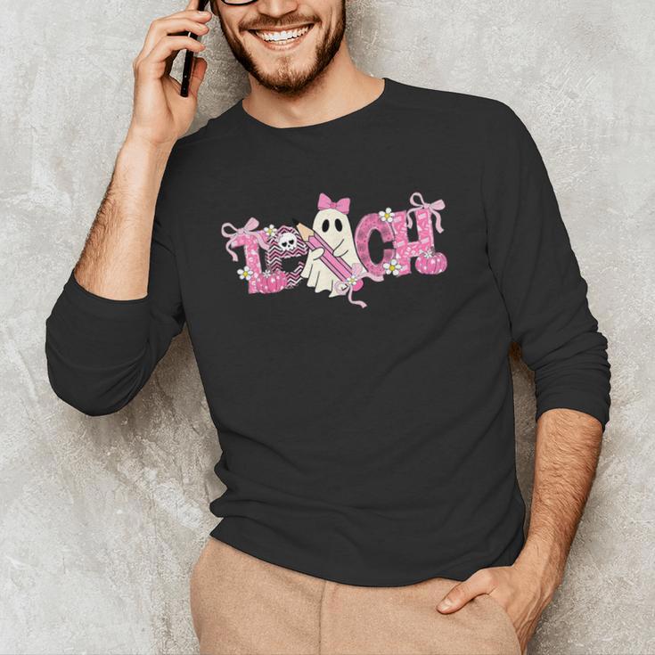 Pink Ghost Teach Halloween Teacher In Spooky Season Men's Long Sleeve T-Shirt, novelty gifts, funny gifts