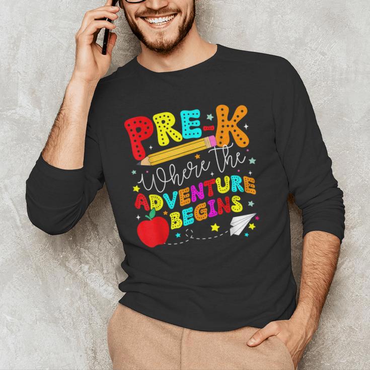 Pre-k Where The Adventure Begins First Day Of Prek Teacher Men's Long Sleeve T-Shirt, novelty gifts, funny gifts Pre-k Where The Adventure Begins First Day Of Prek Teacher Men's Long Sleeve T-Shirt, novelty gifts, funny gifts