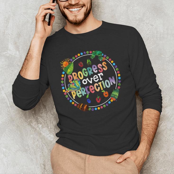 Progress Over Perfection Caterpillar Back To School Teacher Men's Long Sleeve T-Shirt, novelty gifts, funny gifts