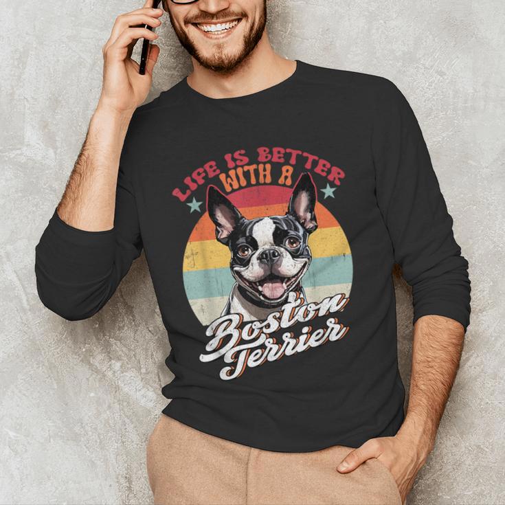 Retro Life Is Better With Boston Terrier Mom Dog Lover Men's Long Sleeve T-Shirt, novelty gifts, funny gifts