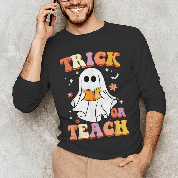 Retro Vintage Groovy Trick Or Teach Teacher Halloween For Men Women Kids Men's Long Sleeve T-Shirt, novelty gifts, funny gifts