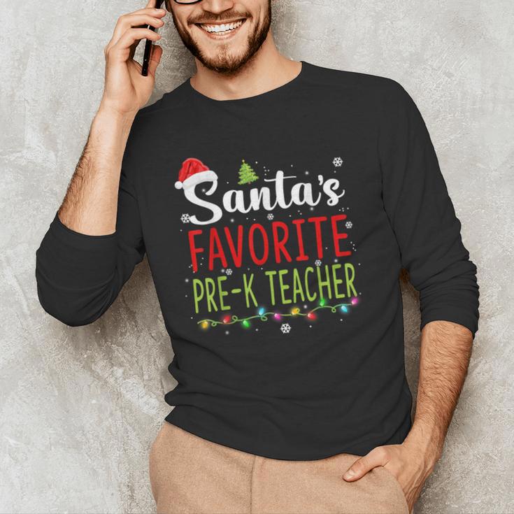 Santa's Favorite Pre-K Teacher Christmas Santa Hat Lights For Men Women Kids Men's Long Sleeve T-Shirt, novelty gifts, funny gifts