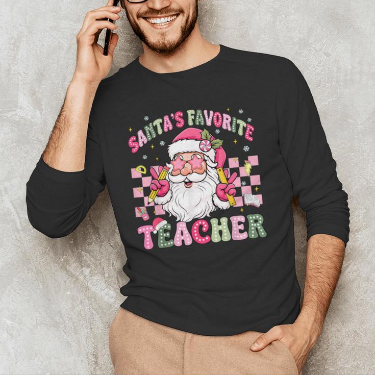 Santa's Favorite Teacher Groovy Christmas Teacher Boys Girls Men's Long Sleeve T-Shirt, novelty gifts, funny gifts