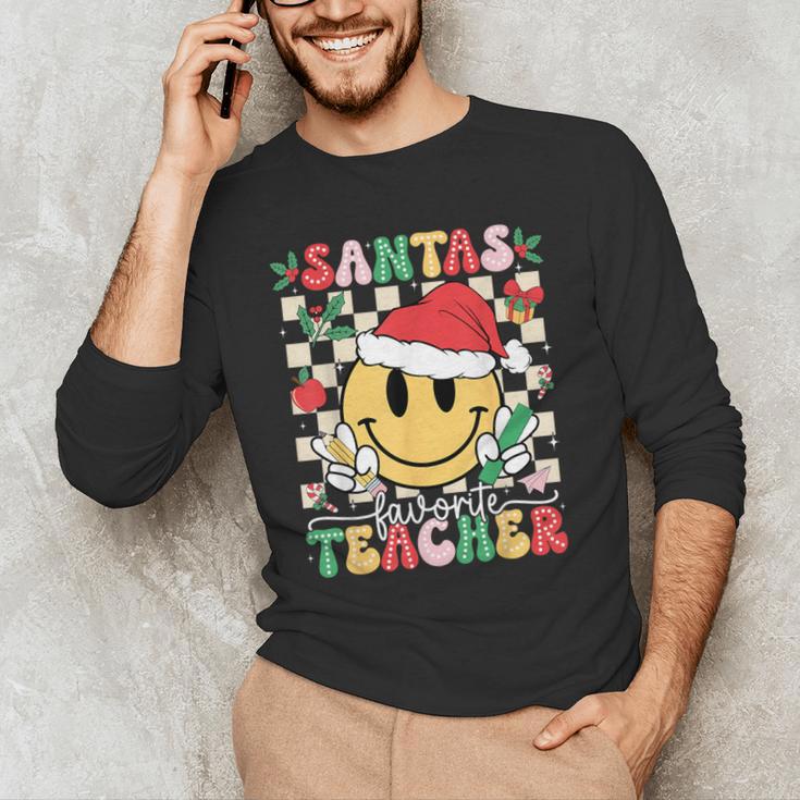 Santas Favorite Teacher Retro Groovy Smile Face Christmas Men's Long Sleeve T-Shirt, novelty gifts, funny gifts Santas Favorite Teacher Retro Groovy Smile Face Christmas Men's Long Sleeve T-Shirt, novelty gifts, funny gifts
