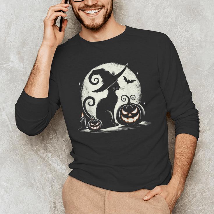 Scary Halloween Cat Costume Retro Cat Moon For Men Women Kids Men's Long Sleeve T-Shirt, novelty gifts, funny gifts