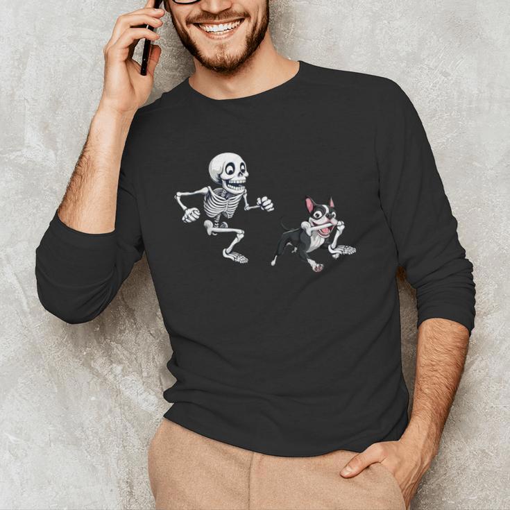 Skeleton Chasing Dog Boston Terrier Halloween Pet Lover Men's Long Sleeve T-Shirt, novelty gifts, funny gifts
