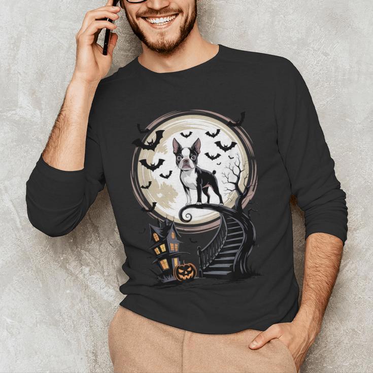 Spooky Halloween Moon Boston Terrier Boston Bull Bostie Men's Long Sleeve T-Shirt, novelty gifts, funny gifts