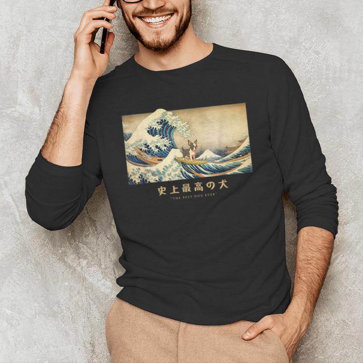Surfing Boston Terrier Kanagawa Wave Japanese Dog For Men Women Kids Men's Long Sleeve T-Shirt, novelty gifts, funny gifts