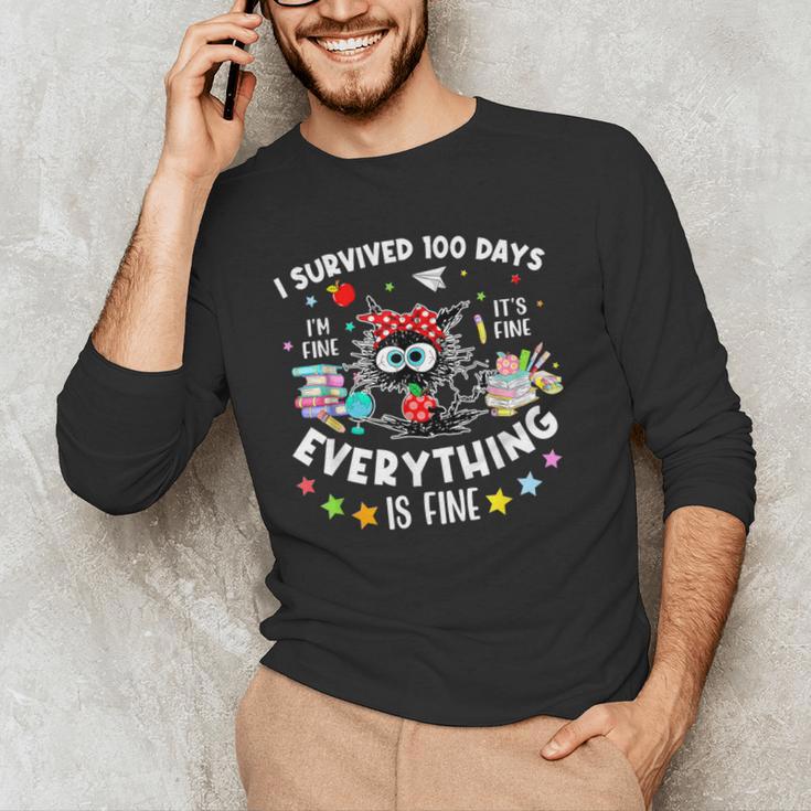 I Survived 100 Days Of School Teacher Kids Cat Lover Men's Long Sleeve T-Shirt, novelty gifts, funny gifts I Survived 100 Days Of School Teacher Kids Cat Lover Men's Long Sleeve T-Shirt, novelty gifts, funny gifts