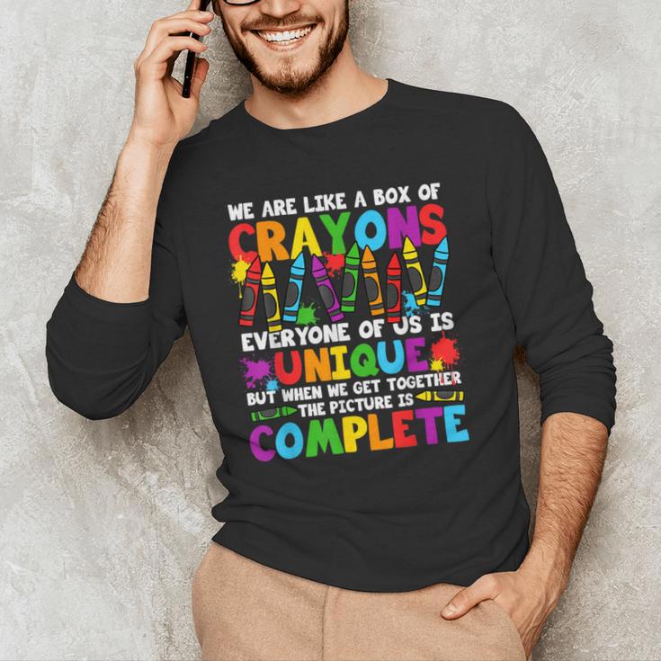Teacher We Are Like A Box Of Crayons Back To School Men's Long Sleeve T-Shirt, novelty gifts, funny gifts