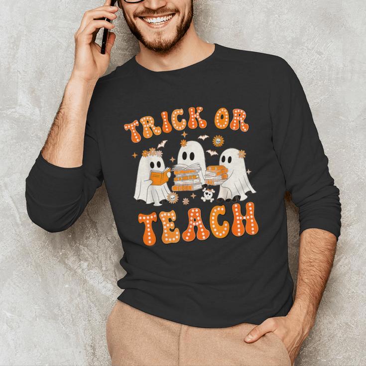 Teacher Halloween Trick Or Teach Retro Groovy Floral Ghost Men's Long Sleeve T-Shirt, novelty gifts, funny gifts Teacher Halloween Trick Or Teach Retro Groovy Floral Ghost Men's Long Sleeve T-Shirt, novelty gifts, funny gifts