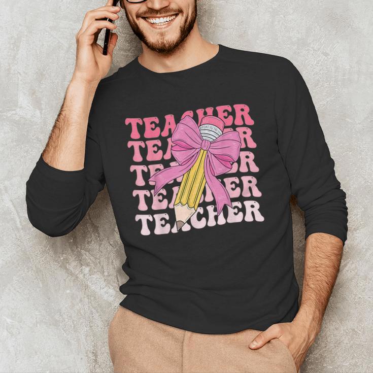Teacher Pencil Back To School Groovy Pink Teacher First Day Men's Long Sleeve T-Shirt, novelty gifts, funny gifts Teacher Pencil Back To School Groovy Pink Teacher First Day Men's Long Sleeve T-Shirt, novelty gifts, funny gifts