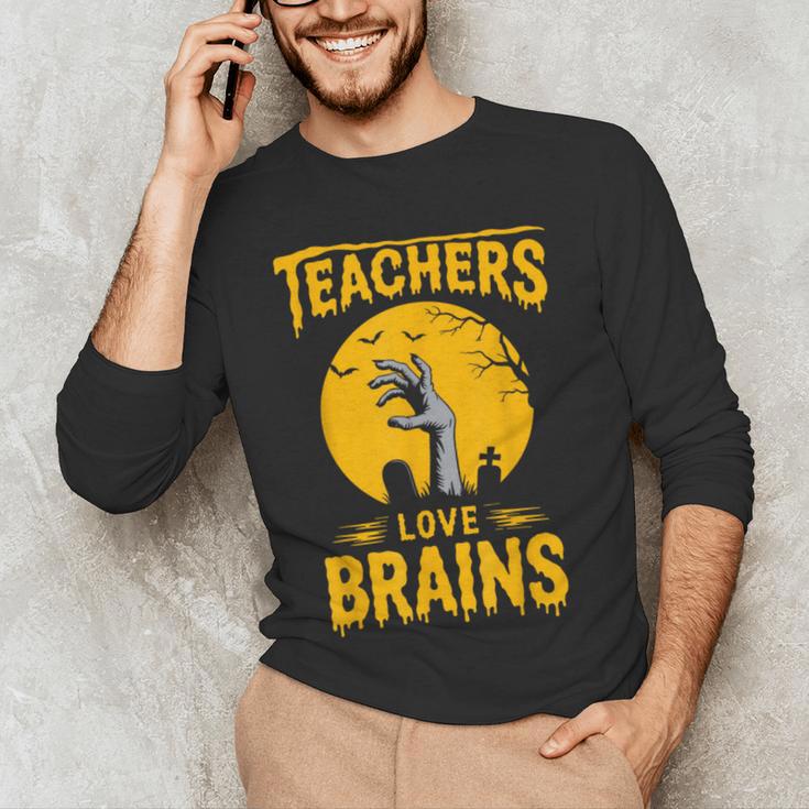 Teachers Love Brains Shirt Men Women Halloween Teacher Men's Long Sleeve T-Shirt, novelty gifts, funny gifts