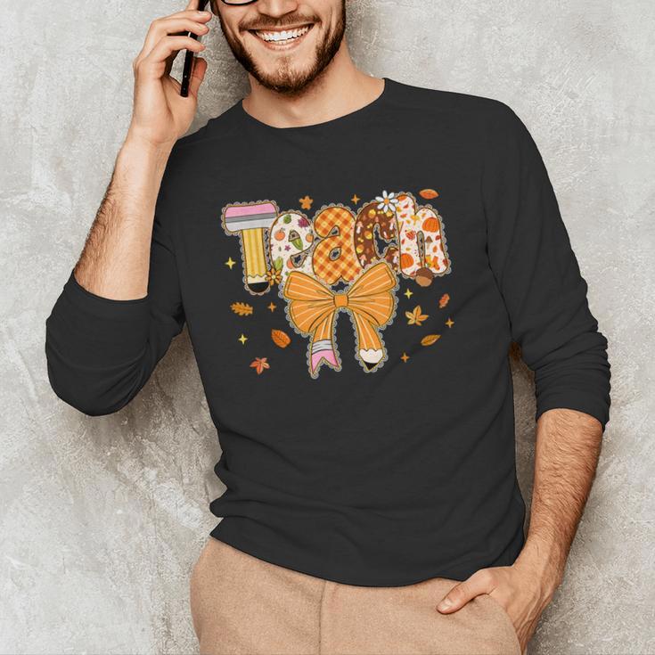 Thanksgiving Teacher Pencil Bow One Thankful Teacher Fall Men's Long Sleeve T-Shirt, novelty gifts, funny gifts Thanksgiving Teacher Pencil Bow One Thankful Teacher Fall Men's Long Sleeve T-Shirt, novelty gifts, funny gifts