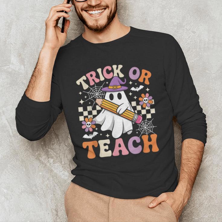 Trick Or Teach Groovy Teacher Halloween Retro Ghost Men's Long Sleeve T-Shirt, novelty gifts, funny gifts Trick Or Teach Groovy Teacher Halloween Retro Ghost Men's Long Sleeve T-Shirt, novelty gifts, funny gifts