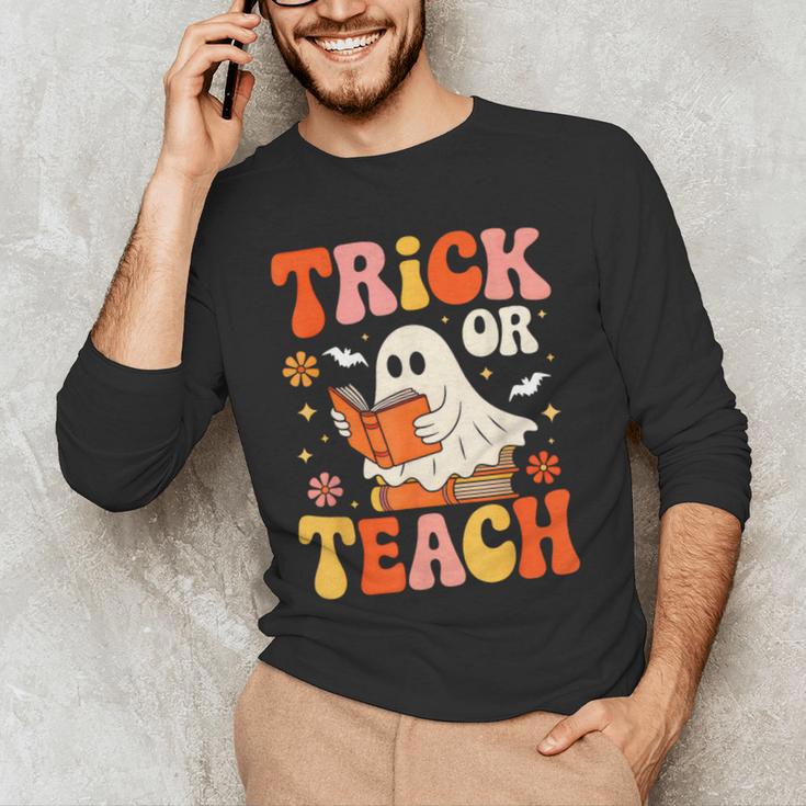 Trick Or Teach Halloween Shirt For Teacher Kids Floral Ghost Men's Long Sleeve T-Shirt, novelty gifts, funny gifts