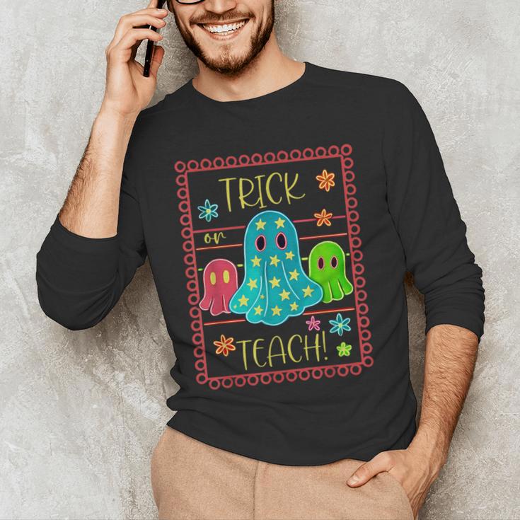 Trick Or Teach Neon Ghost Flower Teacher Spooky Halloween Men's Long Sleeve T-Shirt, novelty gifts, funny gifts